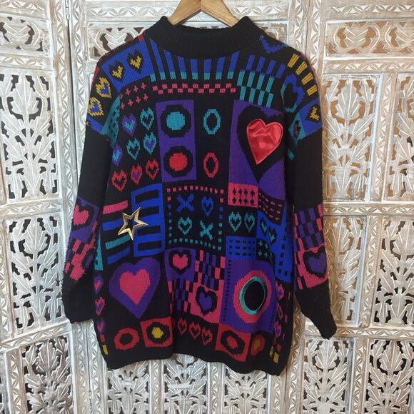Vintage 90's Art Knit Sweater Crazy Pattern 3D Hearts Stars Geometric Print - Picture 1 of 11